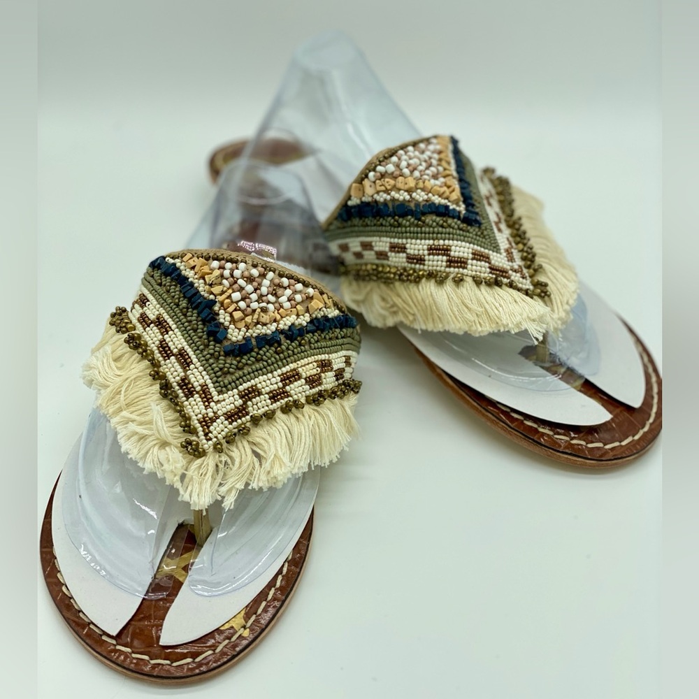 Sam Edelman Beaded Fringe Sandals - Cream & Brown 7.5M